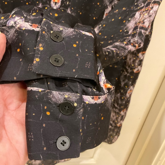 Theyshen’s Theory Beasy Printed Long Sleeve Silk Tunic Blouse, Split Neck, Sz S - Picture 9 of 12